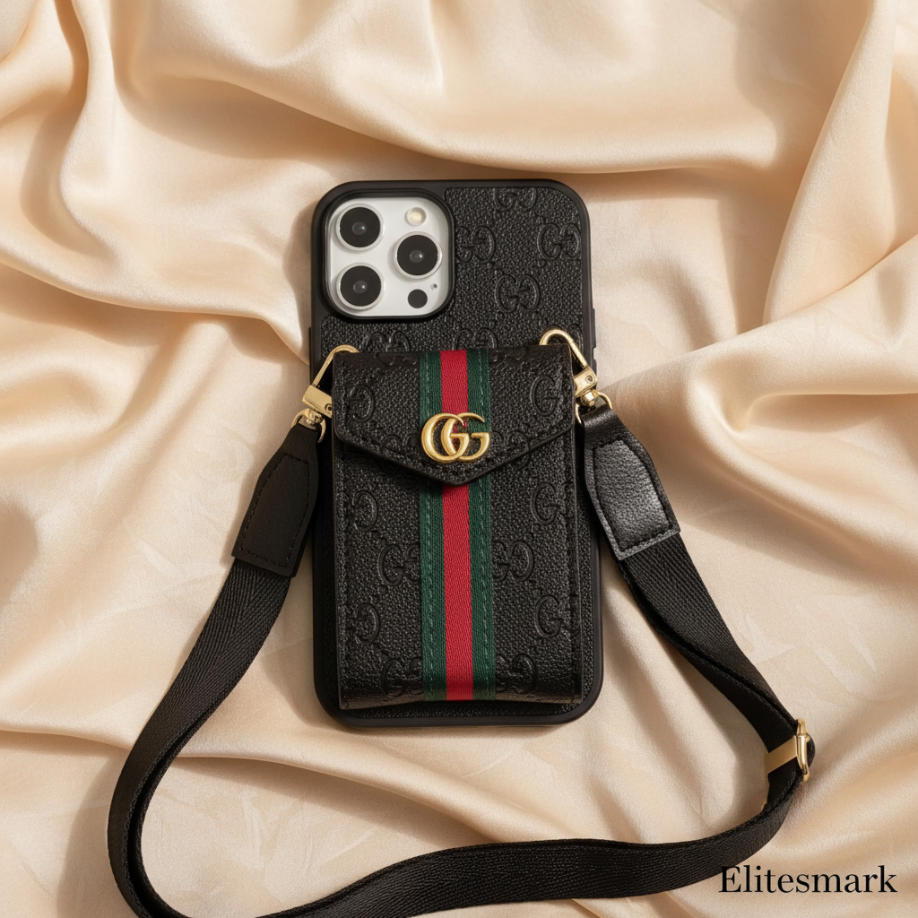 Black Gucci iPhone 17 Pro Max Case – Lifestyle Shot | hands-free crossbody luxury Gucci phone case, Elitesmark | Elitesmark