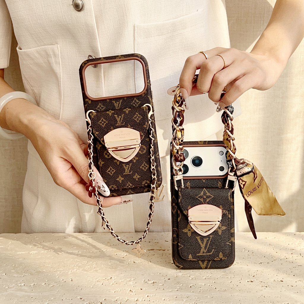 Person in cream clothing holding two brown monogram rear-pocket cases, one with a short charm chain and empty camera opening, the other with a scarf-woven handle and display phone.