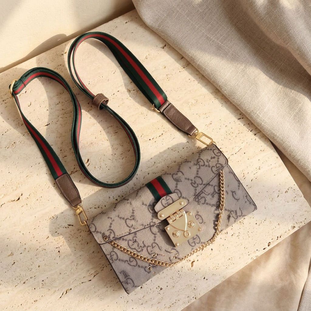 Beige-and-brown Gucci GG design folio with a green-and-red stripe, gold-tone clasp and chain, and matching striped strap.