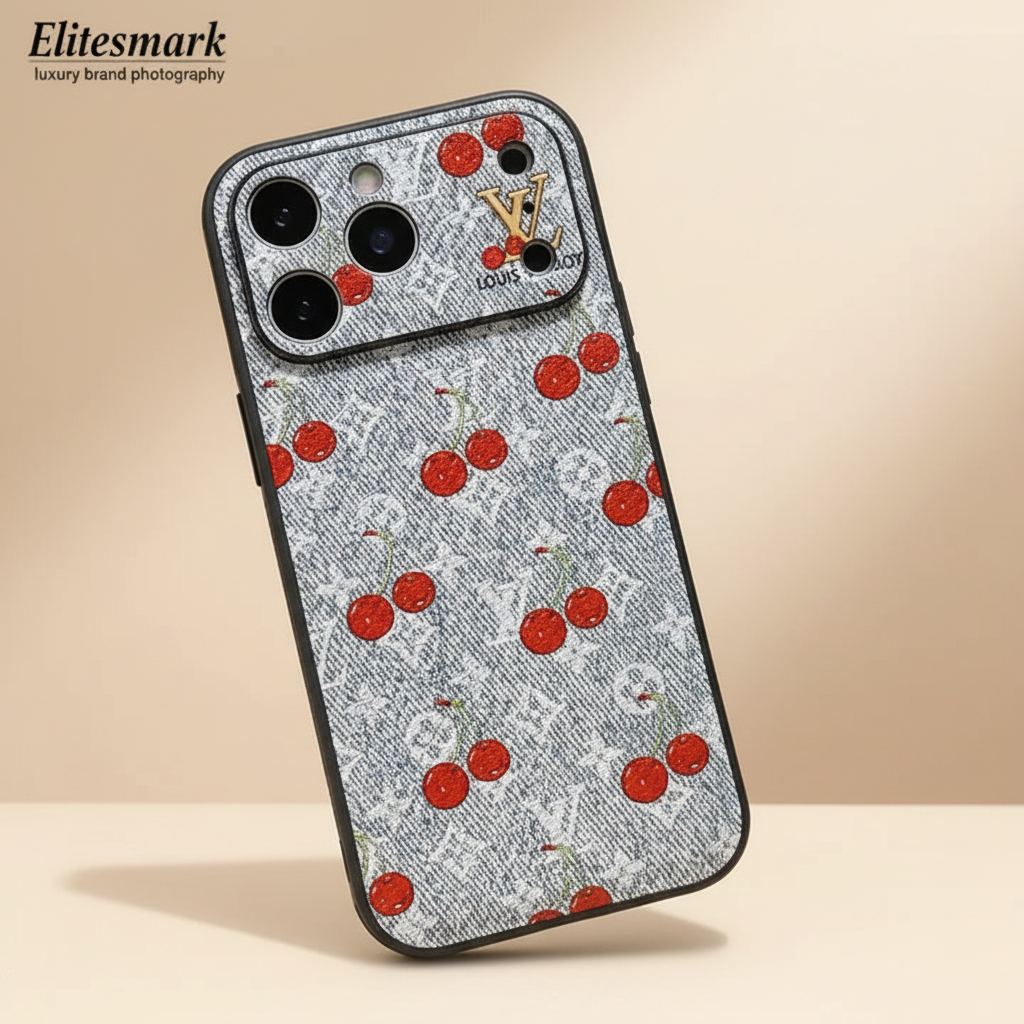 Cherry LV Monogram iPhone Case – Close-Up | cherry red LV pattern texture, premium luxury phone accessory | Elitesmark