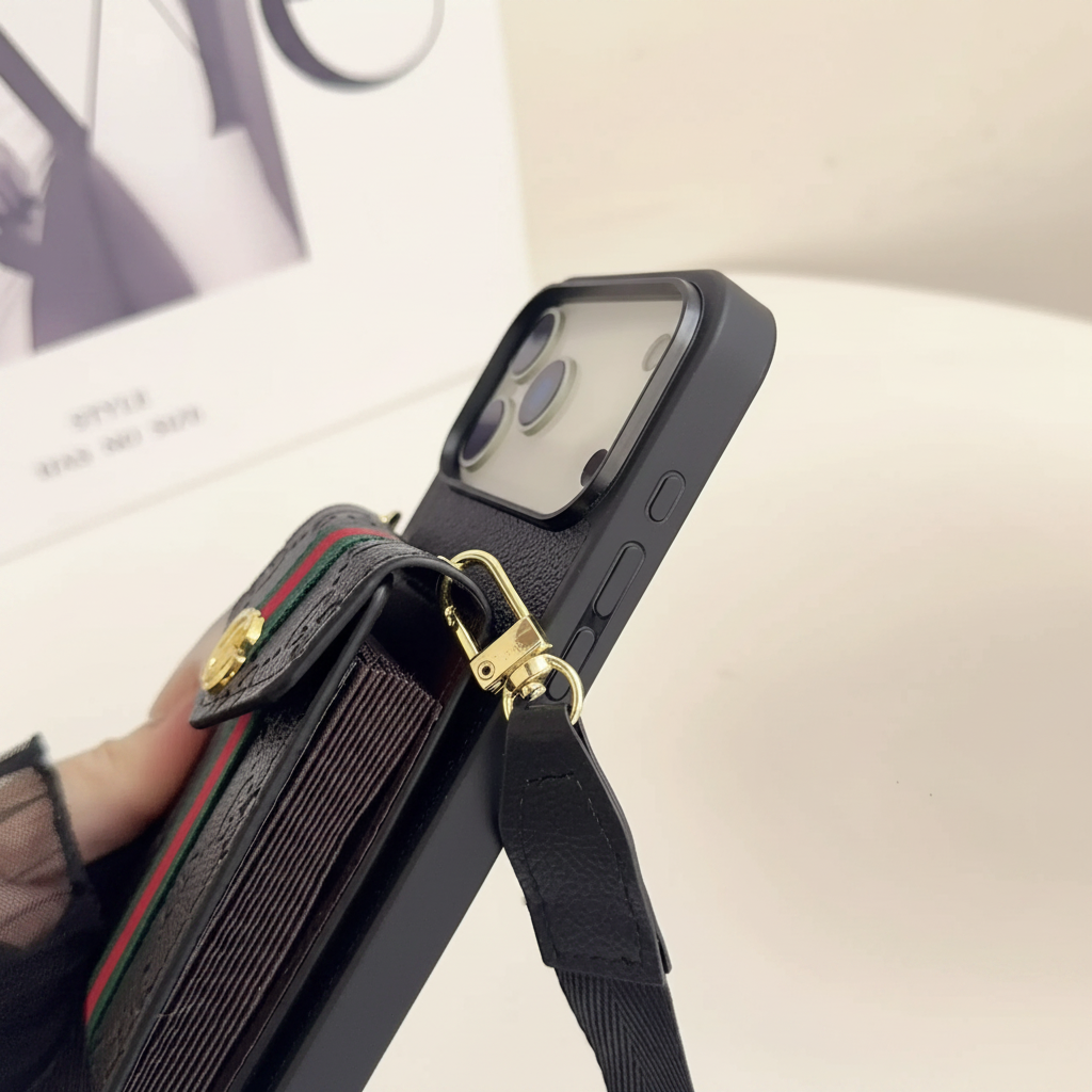 Black LV iPhone 17 Pro Max Case – Angle Shot | LV monogram cardholder, crossbody strap, luxury designer iPhone cover | Elitesmark