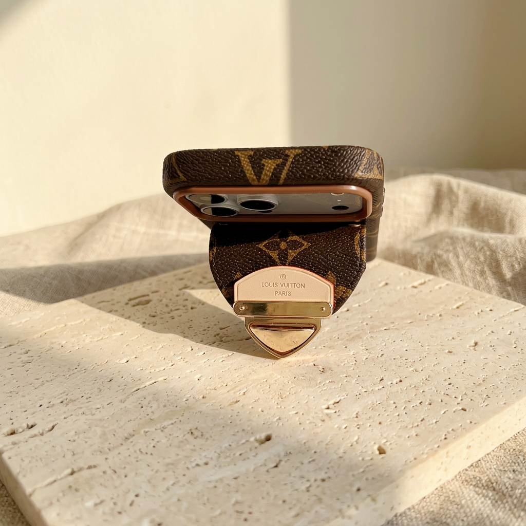 Low end-on view of the brown monogram case showing its upper edge, camera panel and projecting rear-pocket flap with gold-tone clasp.