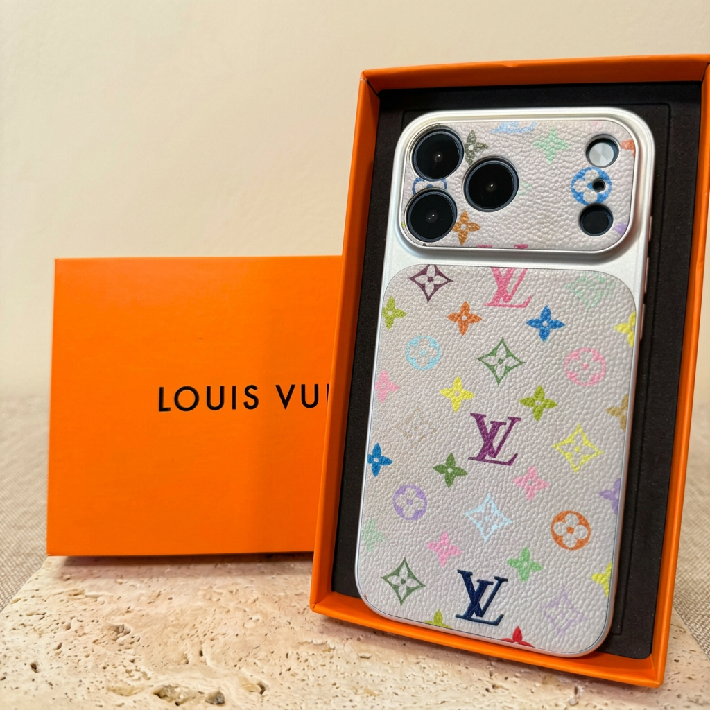 Style A white Louis Vuitton monogram design back cover with multicolour LV and floral motifs across the textured rear and matching camera panel, shown in an orange display box.