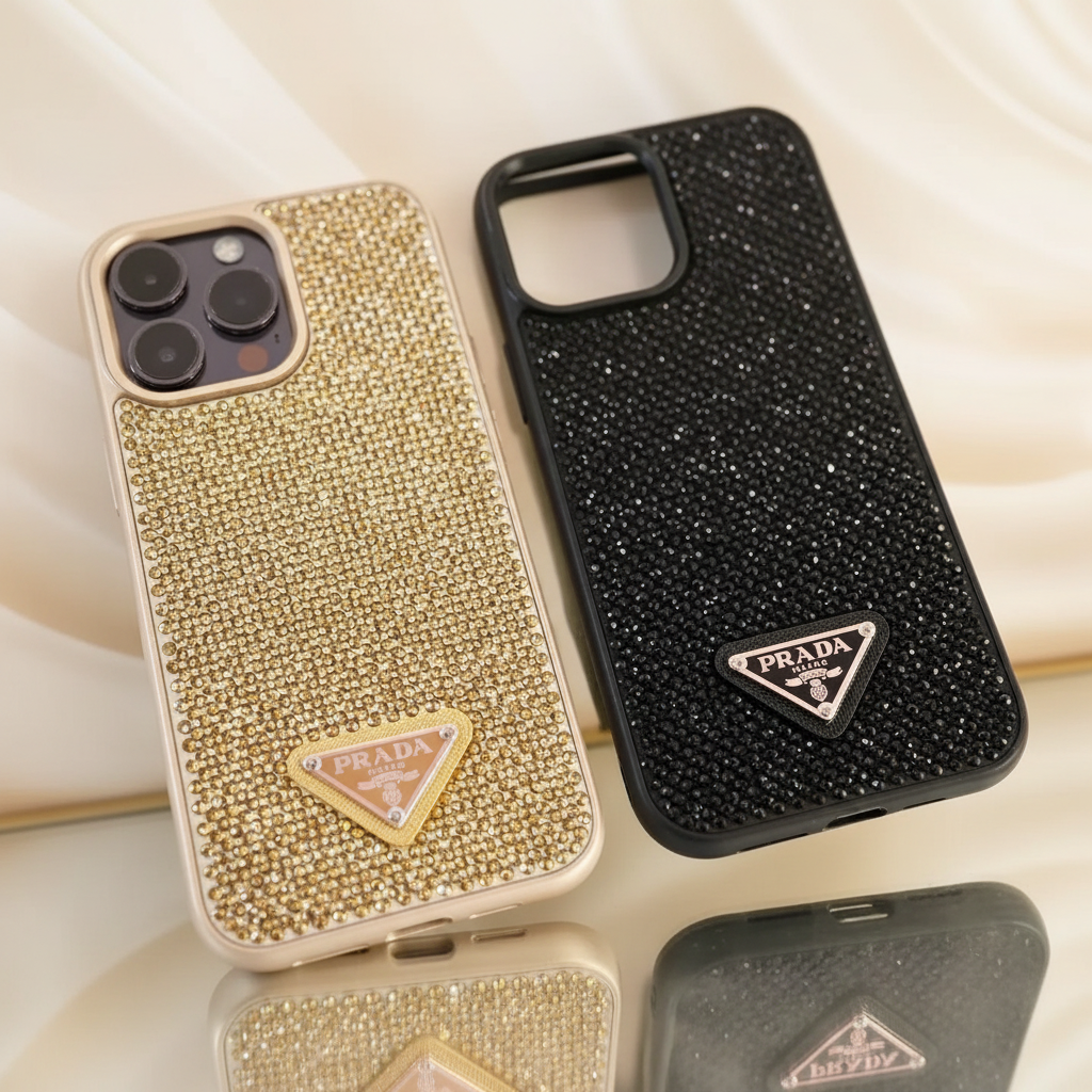Black Prada iPhone 17 Pro Max Case – Angle Shot | diamond quilted luxury cover, designer Italian phone case | Elitesmark