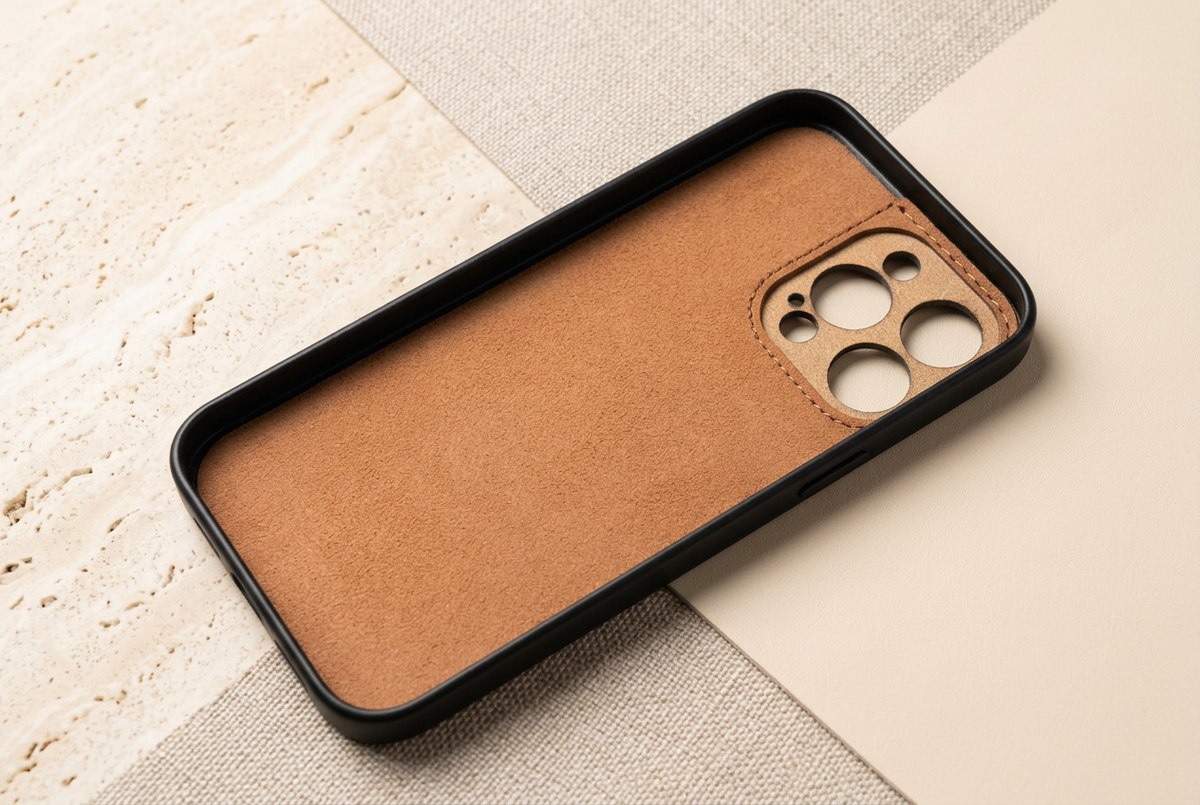 Empty case lying diagonally with a tan interior lining, dark rim and open camera cutouts.