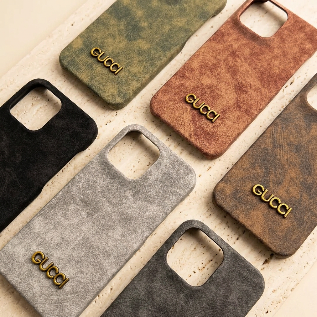 Diagonal rear comparison of six distressed-look Gucci design cases showing mottled colour variations, gold-tone names and empty camera openings.