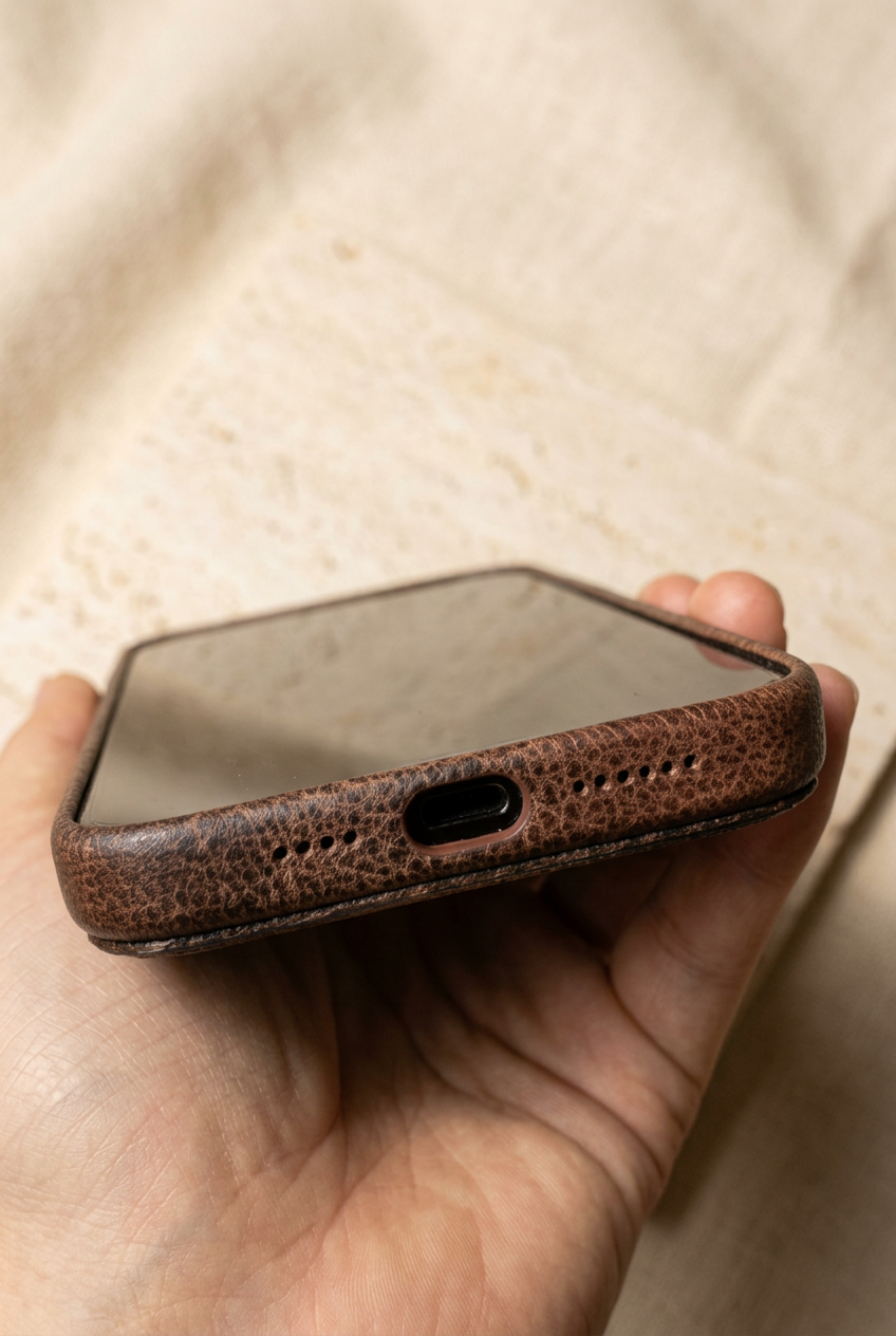 Hand holding a dark brown stitched case in a close-up of the screen, bottom charging opening and small speaker holes.
