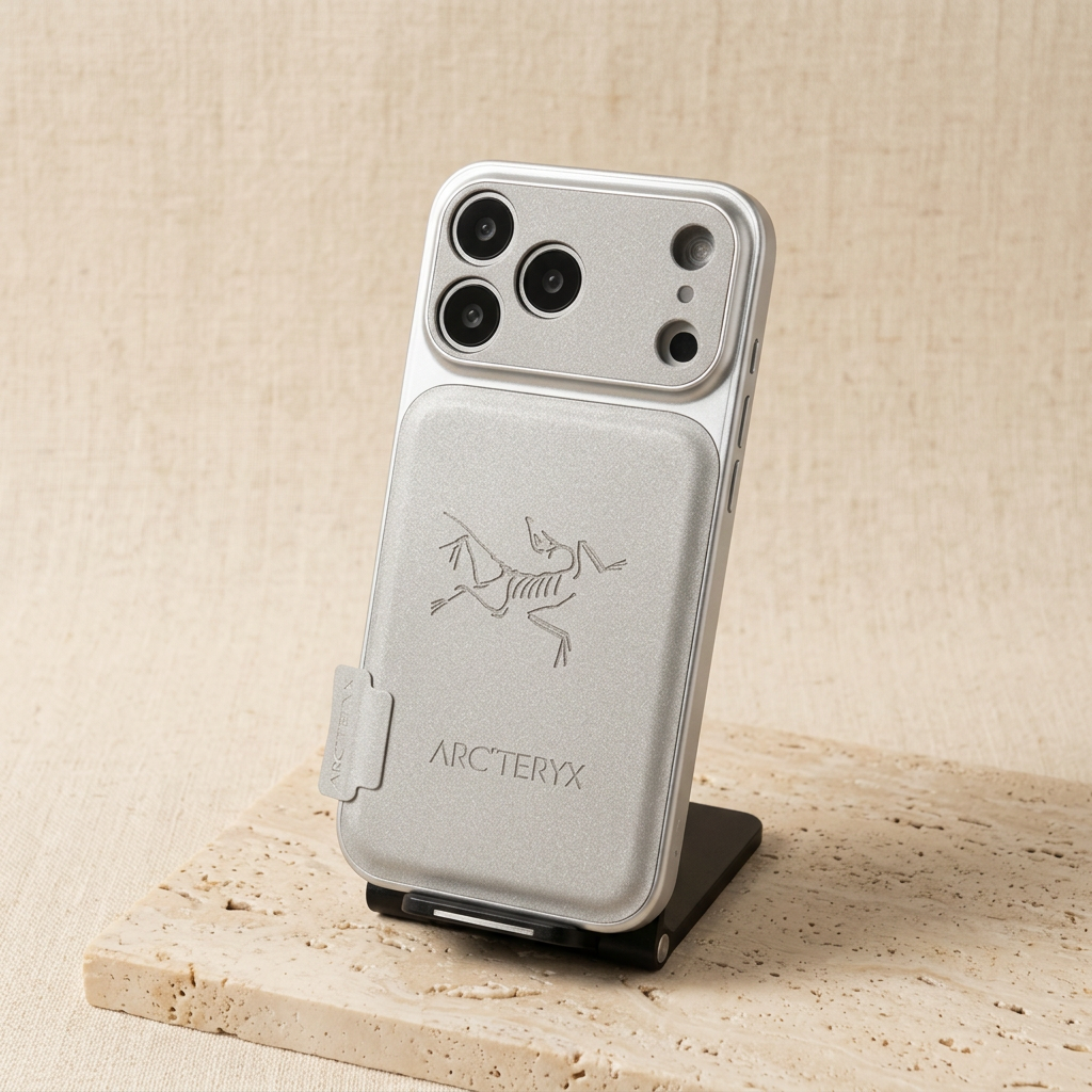 Silver Arc'teryx skeletal-bird design iPhone back cover upright on a black display stand, showing its textured rear panel, small side tab and wide camera surround.