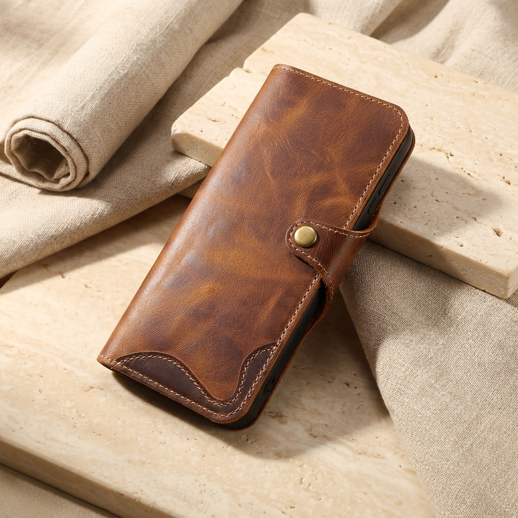 Angled closed brown folio with mottled grain, a snap tab and curved contrast-stitched detailing along the lower corners.