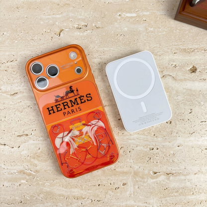 Orange equestrian design case lying beside a separate white rectangular display accessory with a circular marking; accessory is not included.