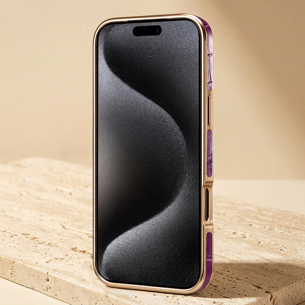Front screen view with dark grey wallpaper, gold-tone frame and purple croc-pattern side inserts beside the button and opening.