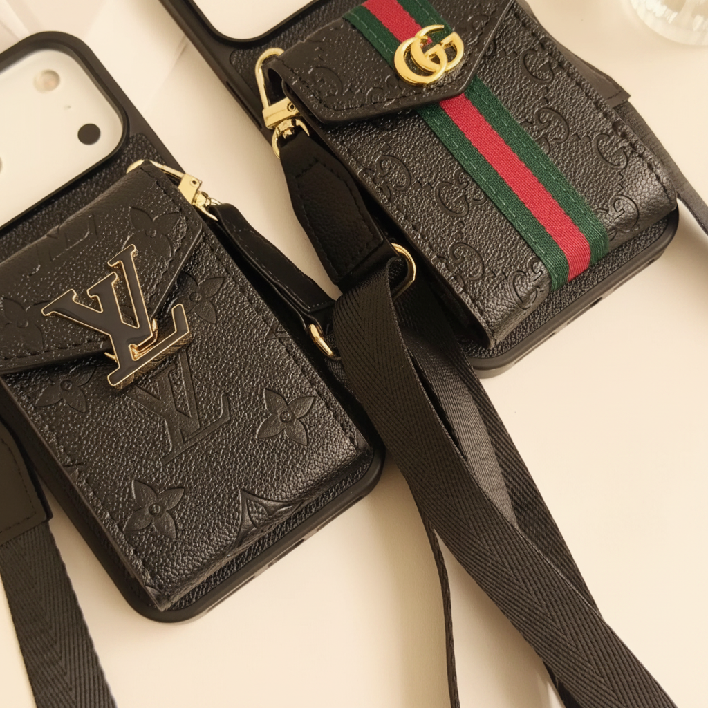 Black Louis Vuitton iPhone Case – Top View | LV monogram cardholder, crossbody strap, premium designer cover | Elitesmark