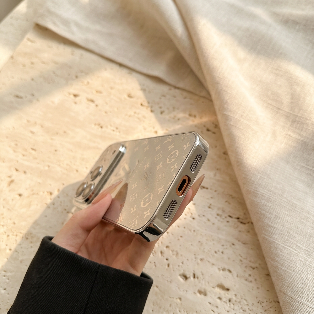 Low-angle close-up of a Silver Louis Vuitton monogram design iPhone case held in a black-sleeved hand, showing the bottom charging-port opening and two speaker-perforation groups.