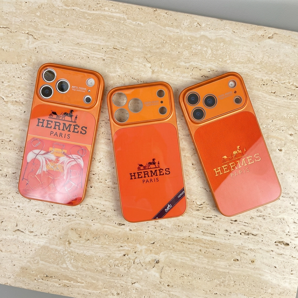 Three orange Hermès design cases viewed from above, with equestrian print at left, ribbon graphic at centre and gold-tone textured motif at right; centre case has empty camera openings.