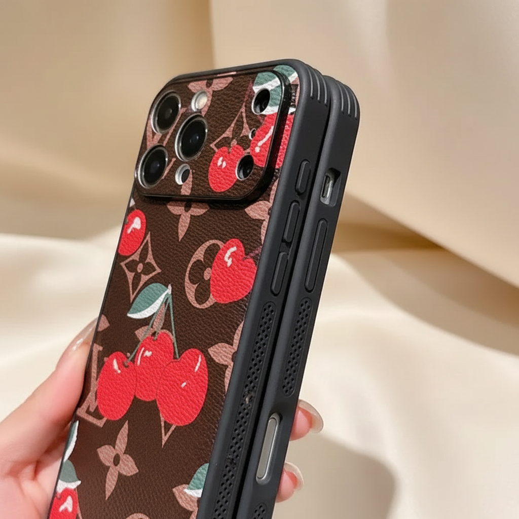 Cherry LV iPhone Case – Studio Shot | cream champagne background, cherry red LV monogram luxury cover | Elitesmark