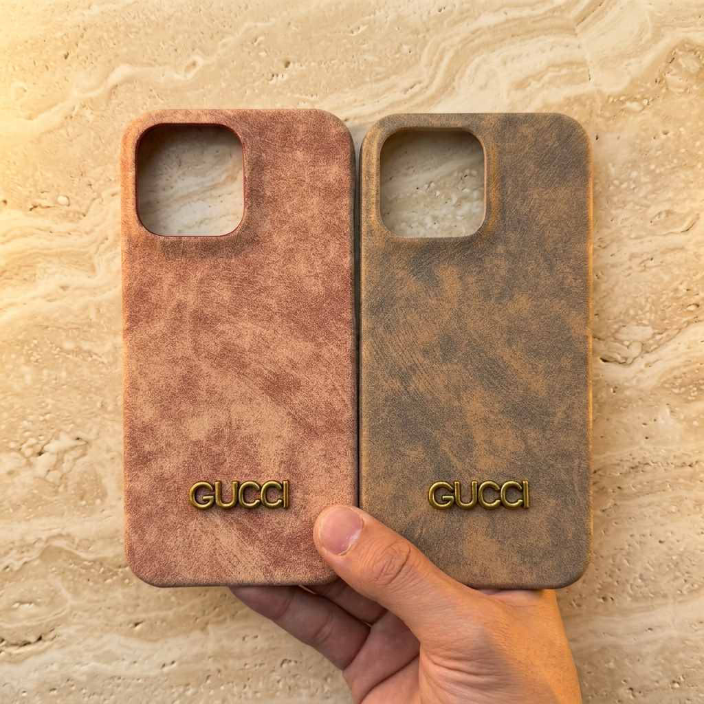 Hand holding peach-pink and khaki-brown distressed-look Gucci design cases side by side, showing gold-tone names and empty camera openings.