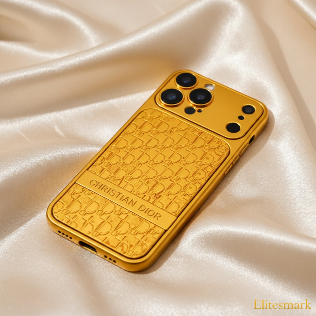 Monarch Signature Edition iPhone Case – Lifestyle Shot | exclusive collectible designer cover, gold finish, Elitesmark luxury phone accessories | Elitesmark