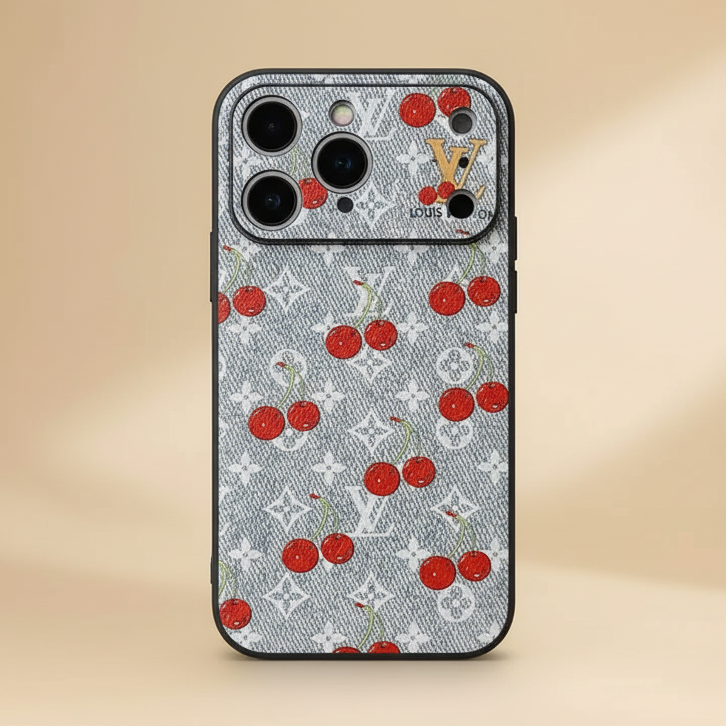 Cherry Louis Vuitton iPhone 17 Pro Max Case Gray – LV Monogram | grey LV canvas with cherry pattern, premium finish, luxury designer cover | Elitesmark