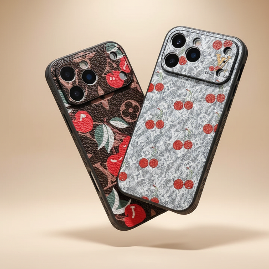 Cherry LV Gray Louis Vuitton iPhone 17 Pro Max Case – Top View | grey cherry LV monogram, luxury designer cover | Elitesmark