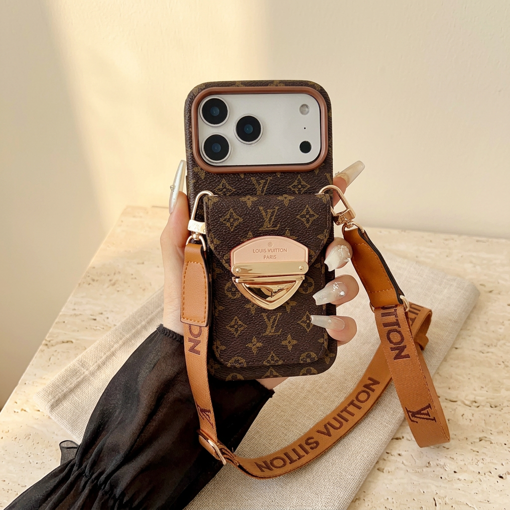 Style B brown small-motif monogram rear-pocket case held with its long tan wordmark strap and gold-tone clip attachments.