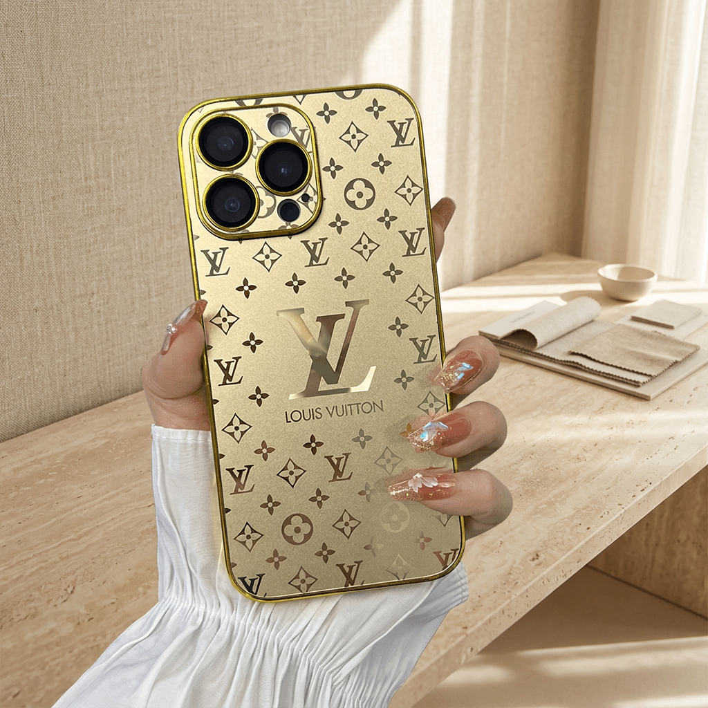 Hand with decorated nails and a white pleated sleeve holding a Gold Louis Vuitton monogram design iPhone case with a reflective back and large central LV motif.