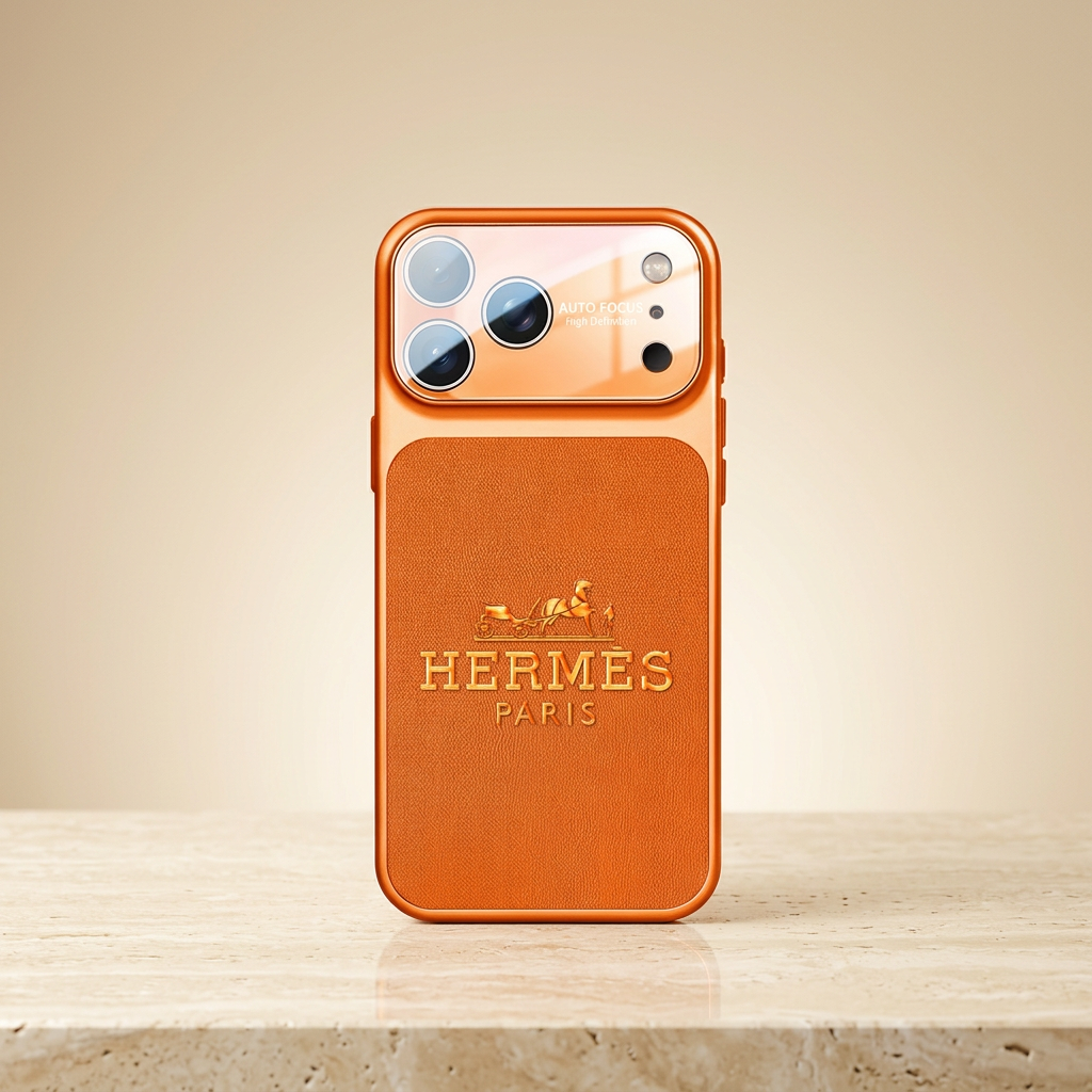 Full straight-on rear view of Style C orange textured-looking case with raised gold-tone Hermès horse-and-carriage and name detail.