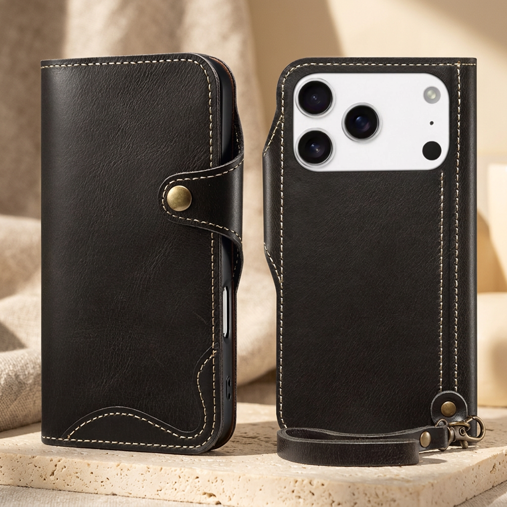 Black folio front and rear views side by side, with light stitching, a rear camera opening and a short wrist loop with brass-tone clip.