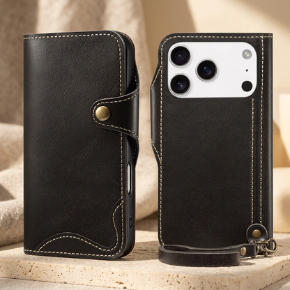 Black folio front and rear views side by side, with light stitching, a rear camera opening and a short wrist loop with brass-tone clip.