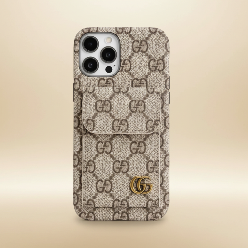 Beige Monogram Gucci iPhone 17 Pro Max Case CardHolder – Classic GG Canvas | beige GG monogram, card slot, luxury Italian designer cover | Elitesmark