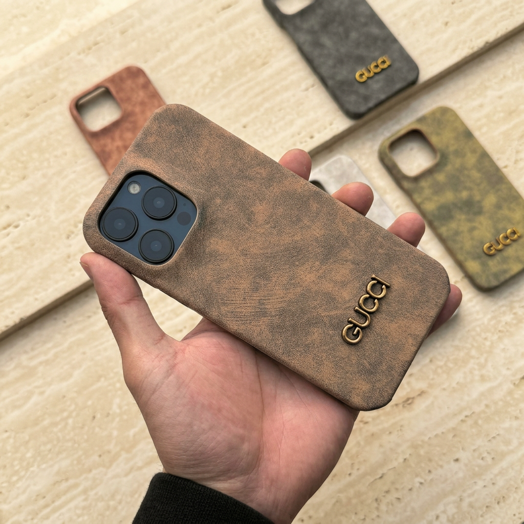 Khaki-brown mottled Gucci design case held diagonally, displaying a gold-tone name and the camera of a blue display phone with comparison cases behind.