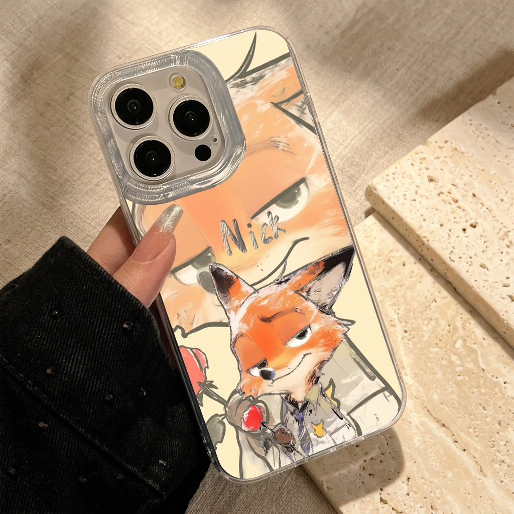 Close hand-held Nick case showing the orange fox face, silver-tone Nick name, smaller fox holding a rose and clear-looking camera surround.