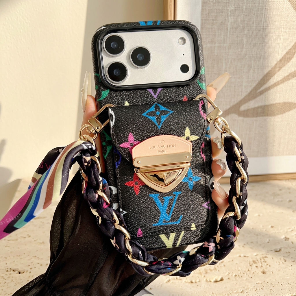 Black case with colourful monogram motifs, a gold-tone rear-pocket clasp and short black scarf-woven chain, held by a hand in a sheer black sleeve.