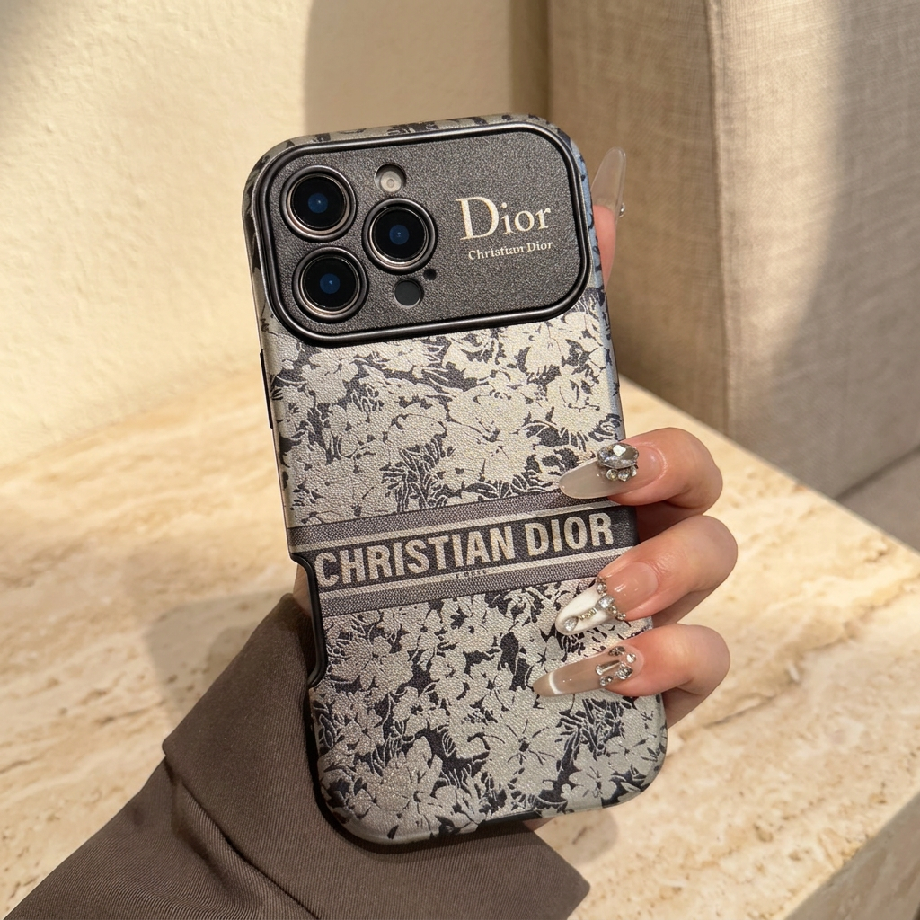 Grey-and-ivory floral iPhone case held upright, showing the Christian Dior band and textured camera panel.