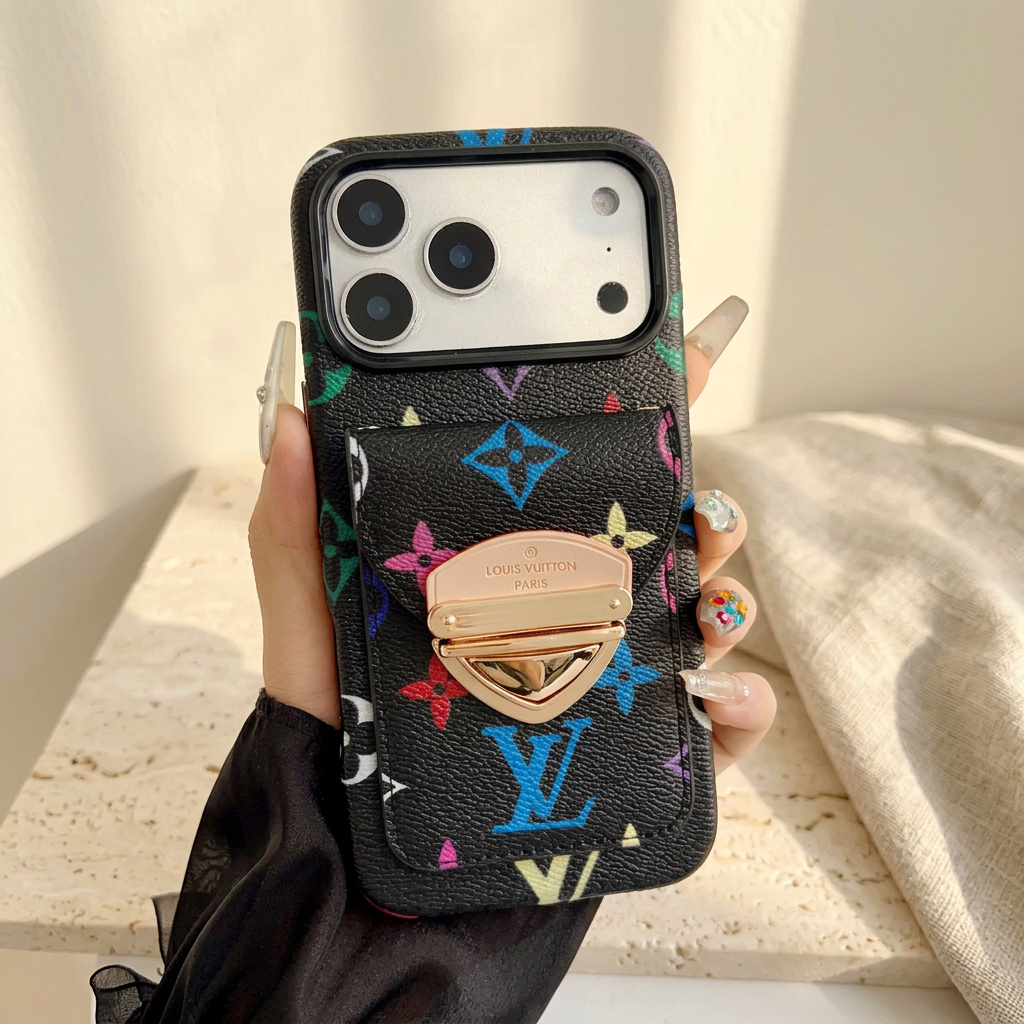 Style E black multicolour monogram rear-pocket case without a strap, showing bright LV and floral motifs around its gold-tone clasp.