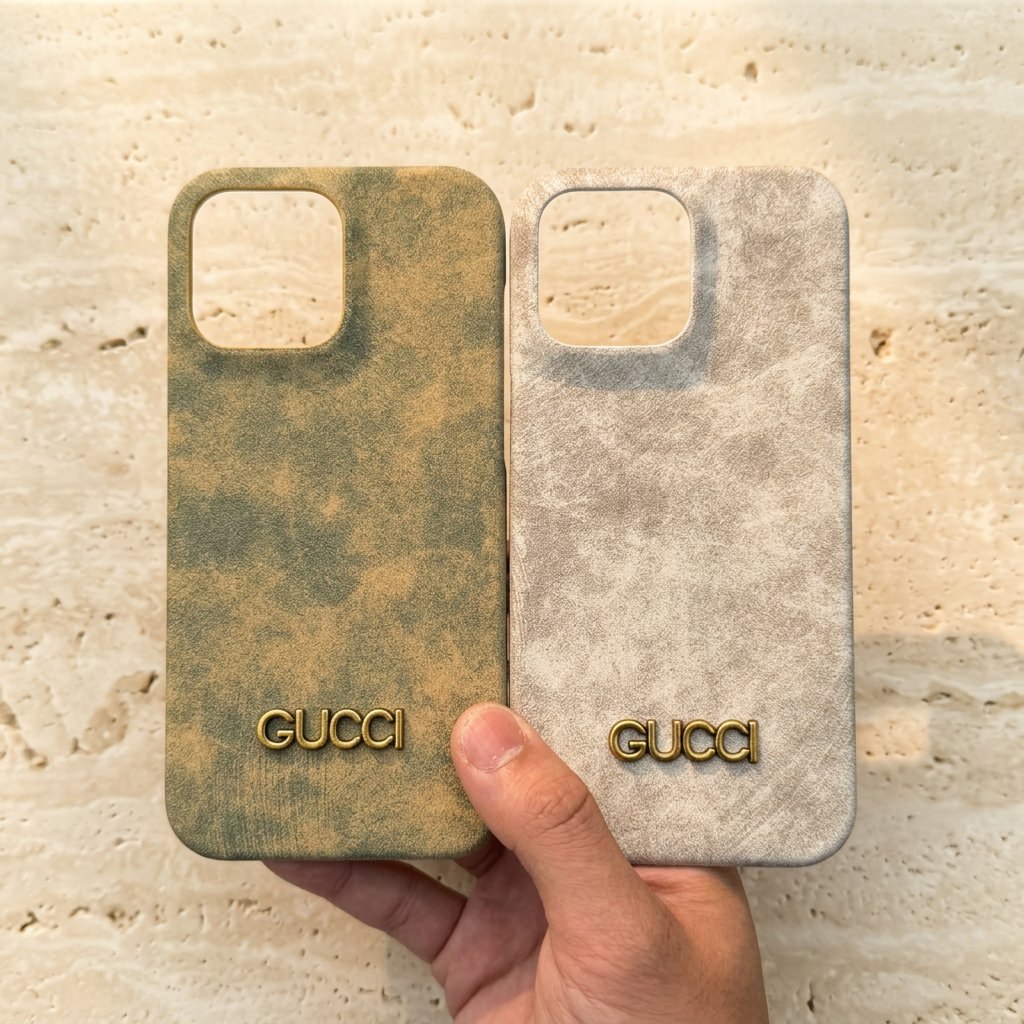 Hand holding olive-green and off-white mottled Gucci design cases, each with a gold-tone name detail below an empty square camera opening.