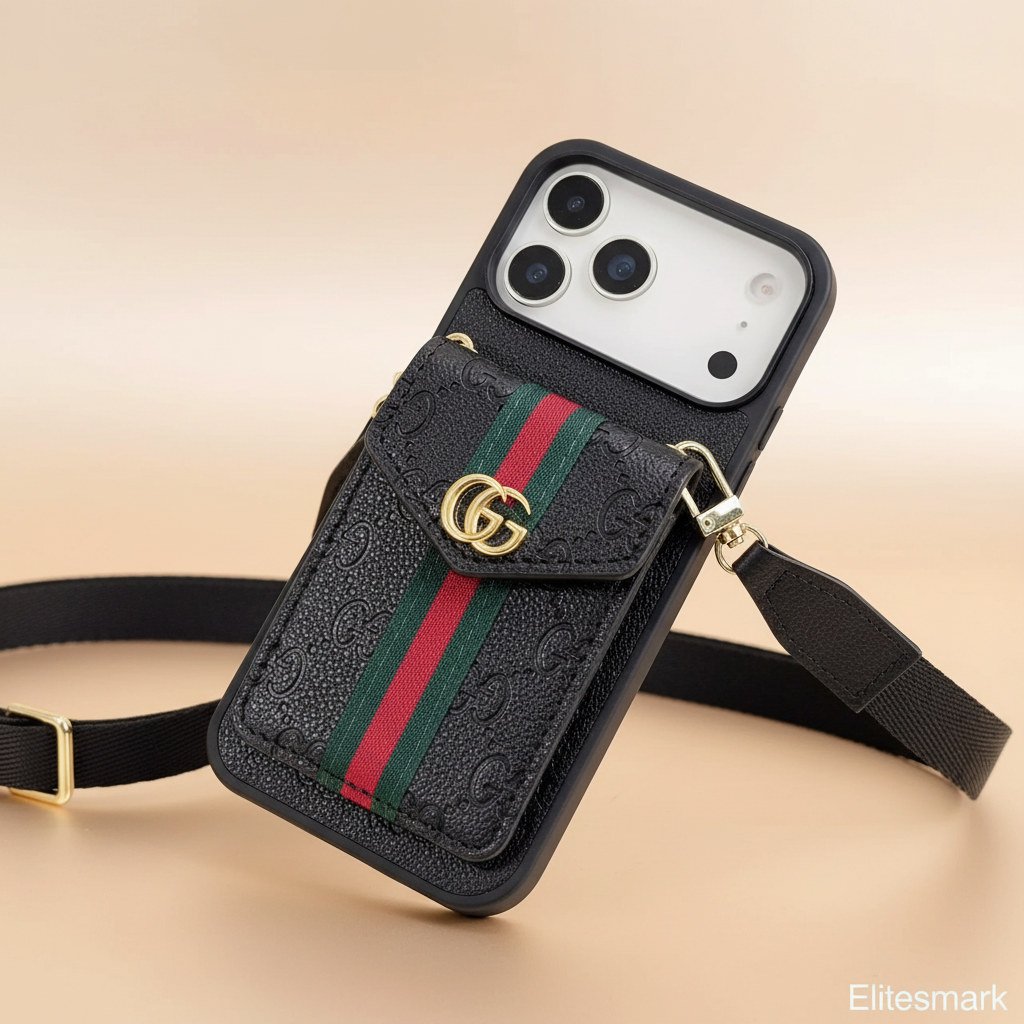 Black Gucci iPhone 17 Pro Max Case – Back View | embossed GG monogram leather, Italian luxury designer iPhone cover | Elitesmark