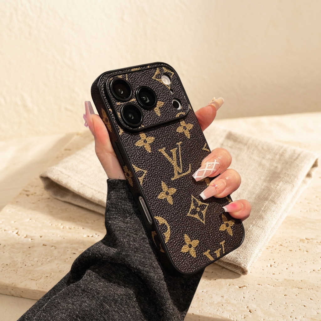 Hand-held Design A rear view with large gold LV and floral motifs on a dark pebbled surface and a matching patterned camera surround.