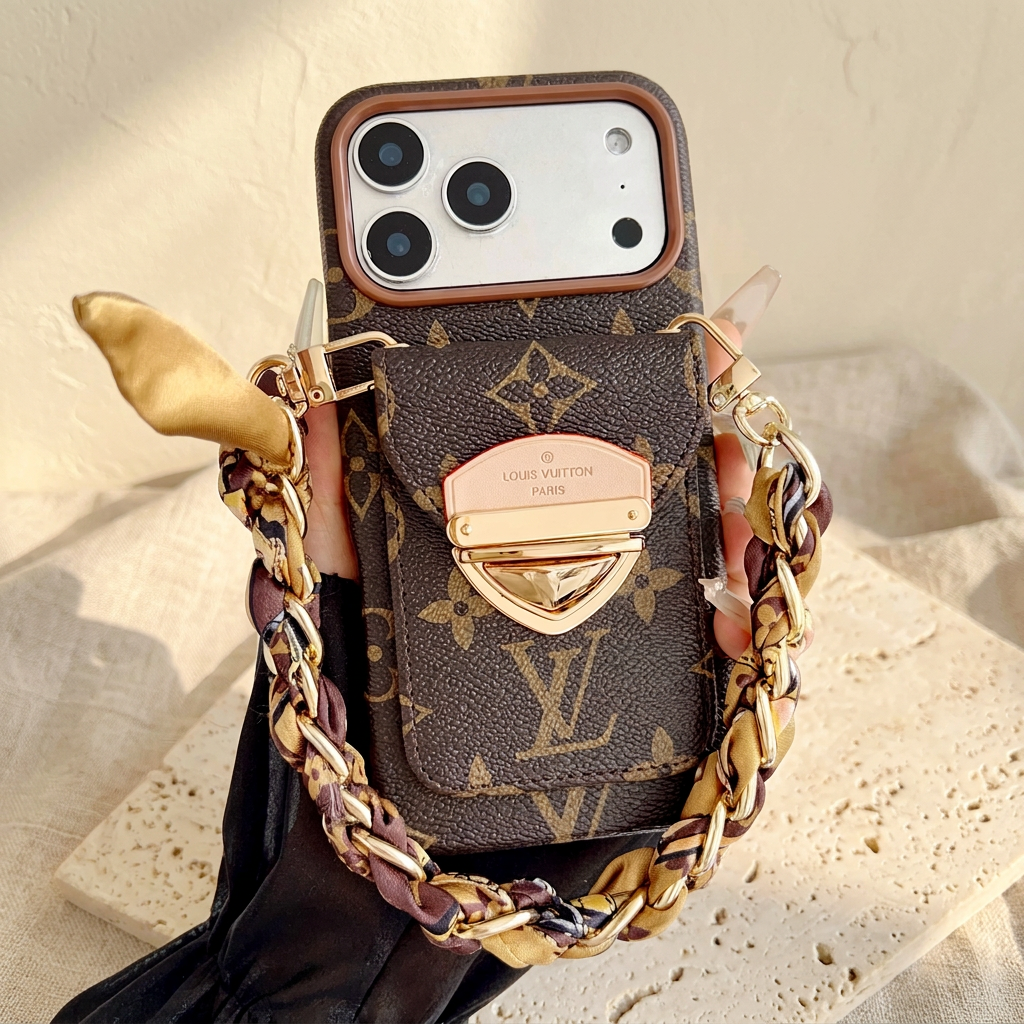 Brown large-motif monogram case with a rear clasp pocket and brown-and-gold scarf chain, showing the large LV motif below the clasp.