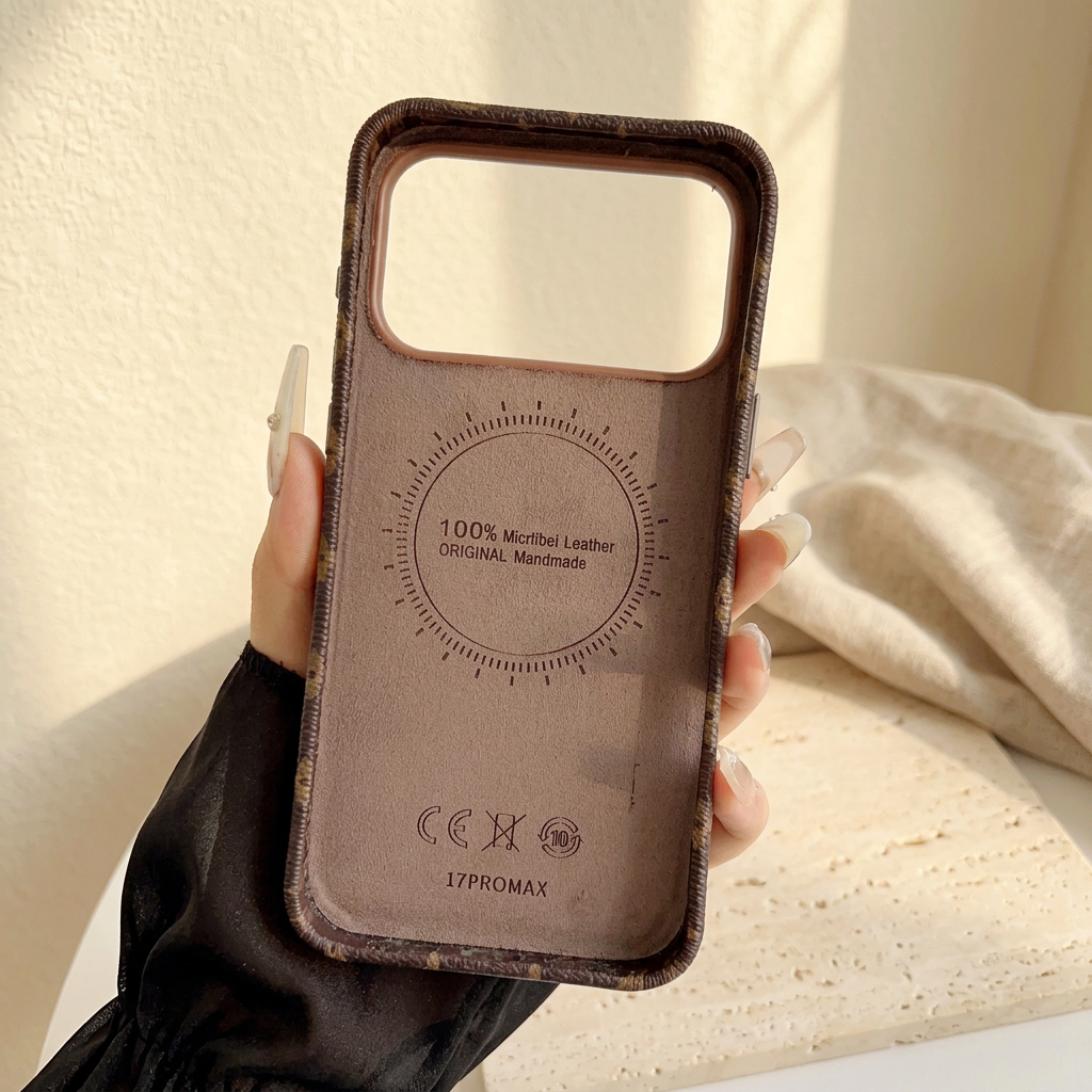 Inside of the empty brown case showing its tan lining, printed interior markings and wide empty camera opening, held by a hand in a sheer sleeve.
