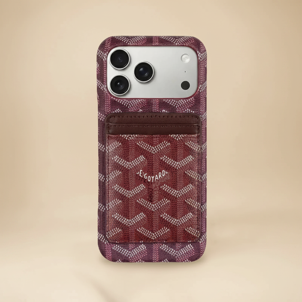 Black Goyard iPhone 17 Pro Max Case – Angle Shot | Goyard pattern cardholder, designer luxury iPhone 17 cover | Elitesmark