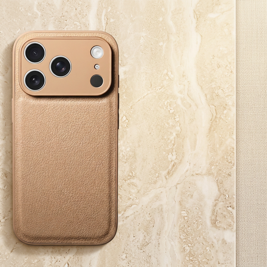 Khaki litchi-grain iPhone back cover showing its pebbled rear surface and matching smooth camera surround.
