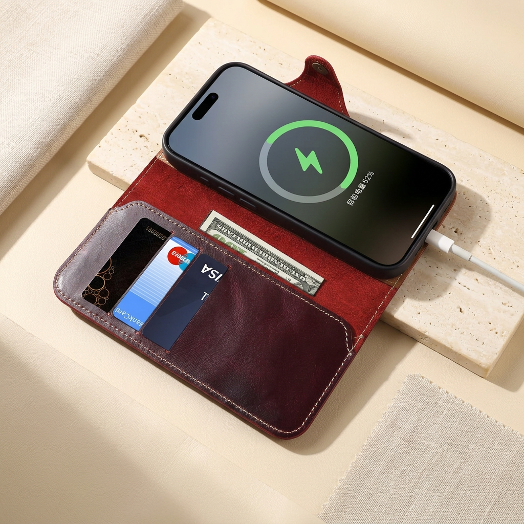 Open burgundy-red folio showing three card slots with sample cards, a folded banknote in the longer pocket and a display phone connected to a white cable.