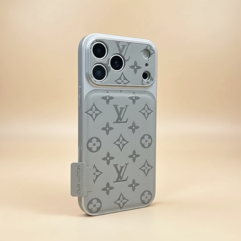 Black Louis Vuitton iPhone 17 Pro Max Case – Feature Detail | raised edges, dark LV shadow pattern, premium phone cover | Elitesmark