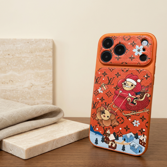 Style E orange festive Louis Vuitton monogram design case showing a Santa-style flower character in a sleigh, a second character, snowflakes and a snowy village along the bottom.
