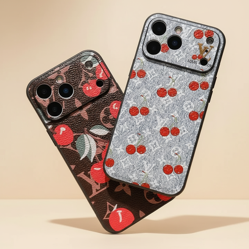 Cherry LV Gray iPhone Case – Pattern Detail | grey LV monogram with cherry design, premium designer iPhone 17 cover | Elitesmark