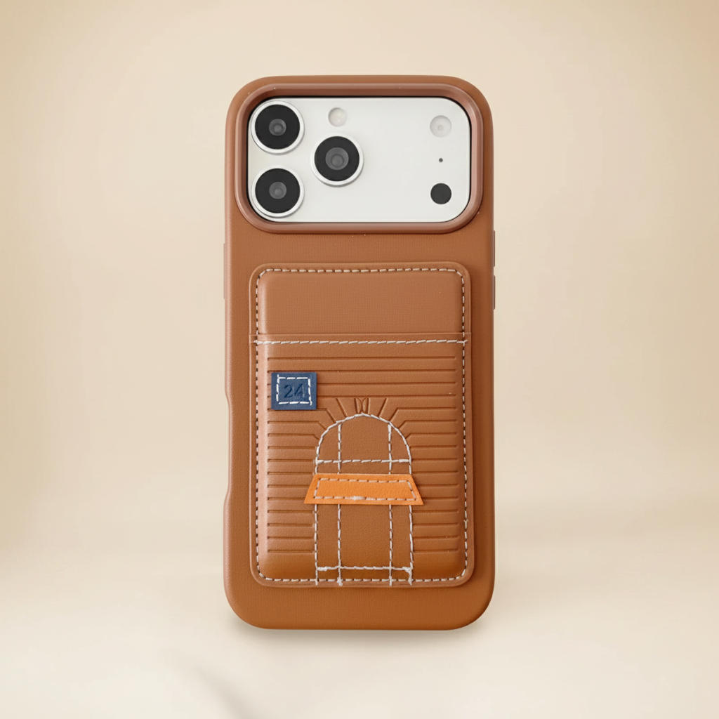 Brown Hermès iPhone 17 Pro Max Case – Feature Detail | raised edges, card slot, brown leather luxury phone cover | Elitesmark
