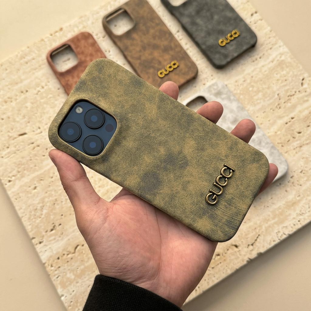 Olive-green mottled Gucci design back cover held in a hand, with a gold-tone name, blue display phone camera and other case colours behind.
