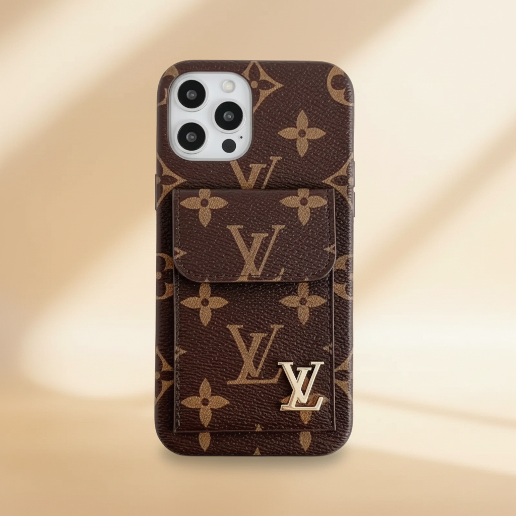 Beige Gucci GG Monogram iPhone Case – Angle Shot | cardholder case, designer luxury iPhone 17 cover, Elitesmark | Elitesmark