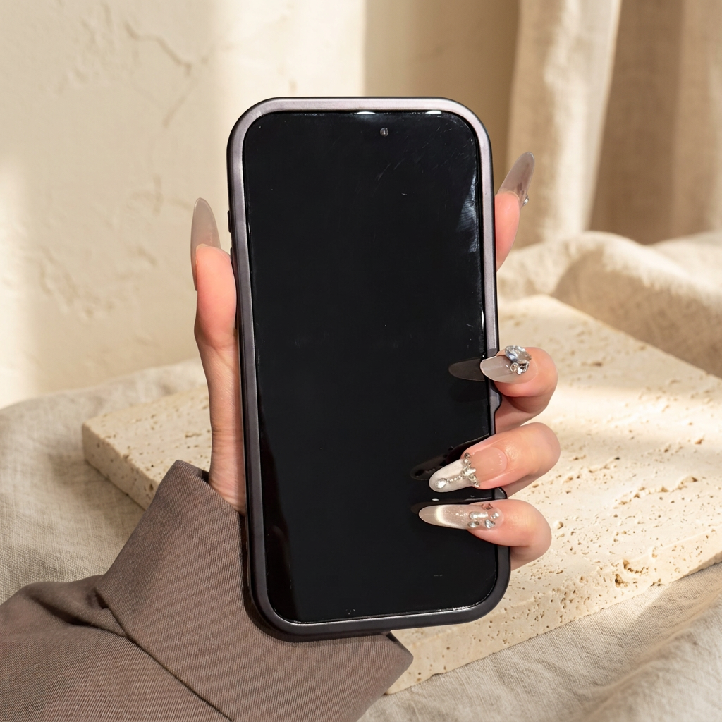 Front view of the fitted iPhone case held upright, showing the dark screen and rounded case border.
