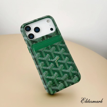 Burgundy Goyard iPhone 17 Pro Max MagSafe Case with Cardholder – Full Product View | Goyard pattern luxury cover, Elitesmark premium phone accessories | Elitesmark